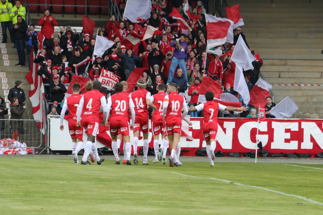 Bryne jubler for scoring mot Kongsvinger på heimebane i fjor. 